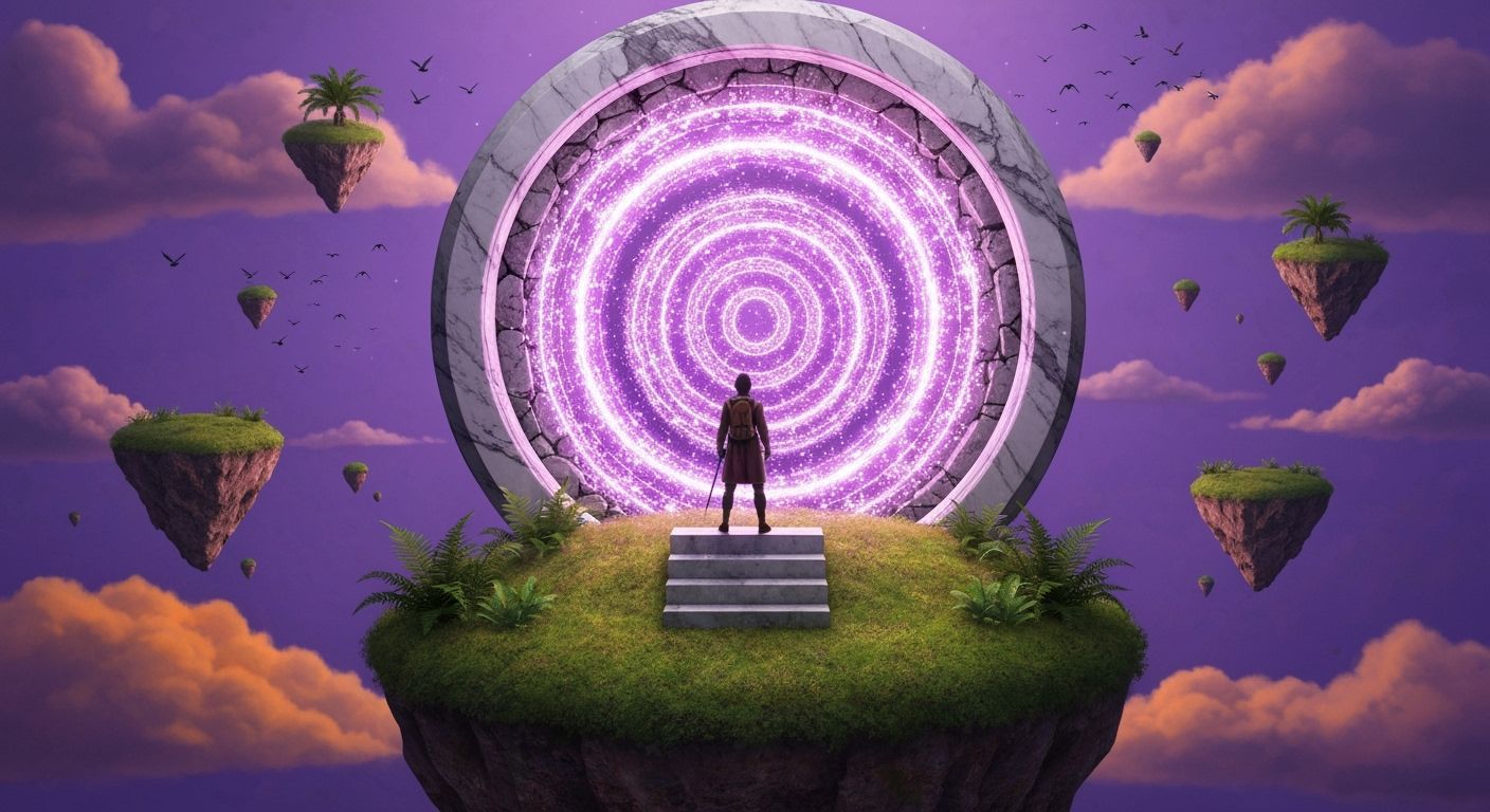 Adventurer Before Glowing Portal on Floating Island