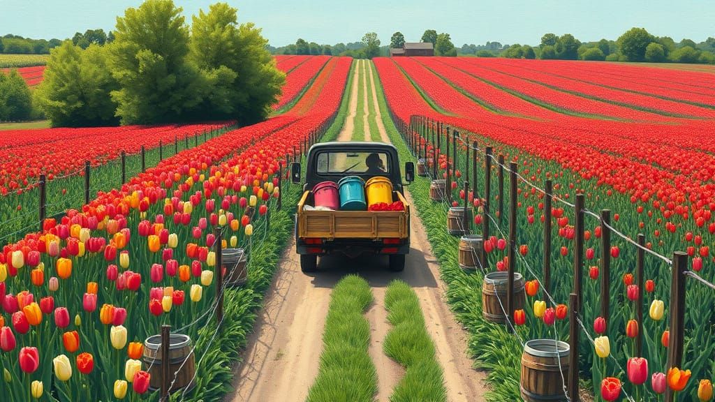 Colorful Tulip Field with Vintage Truck in Gouache Style