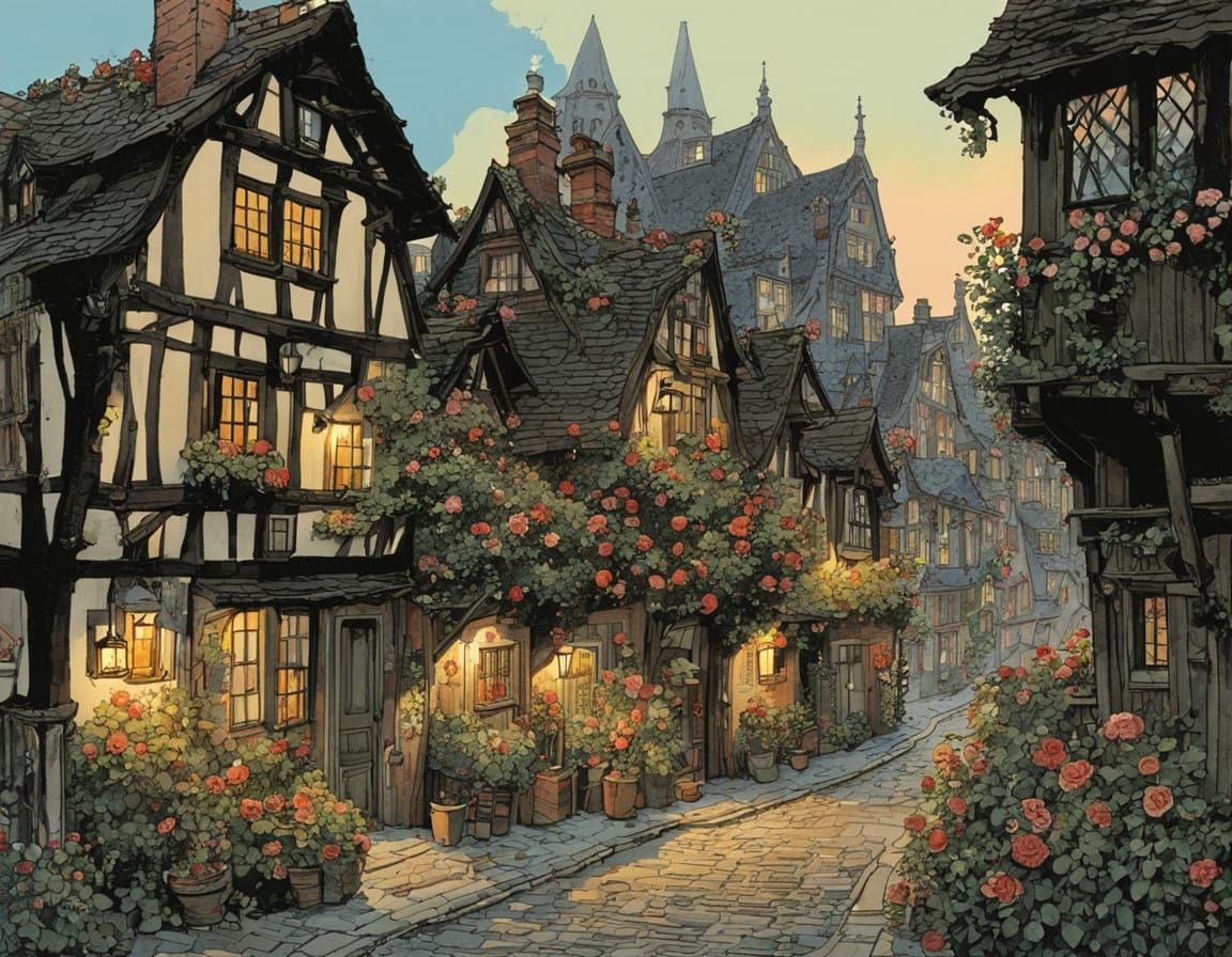 Cozy Half-Timbered Houses Under Dusk Blooming Roses