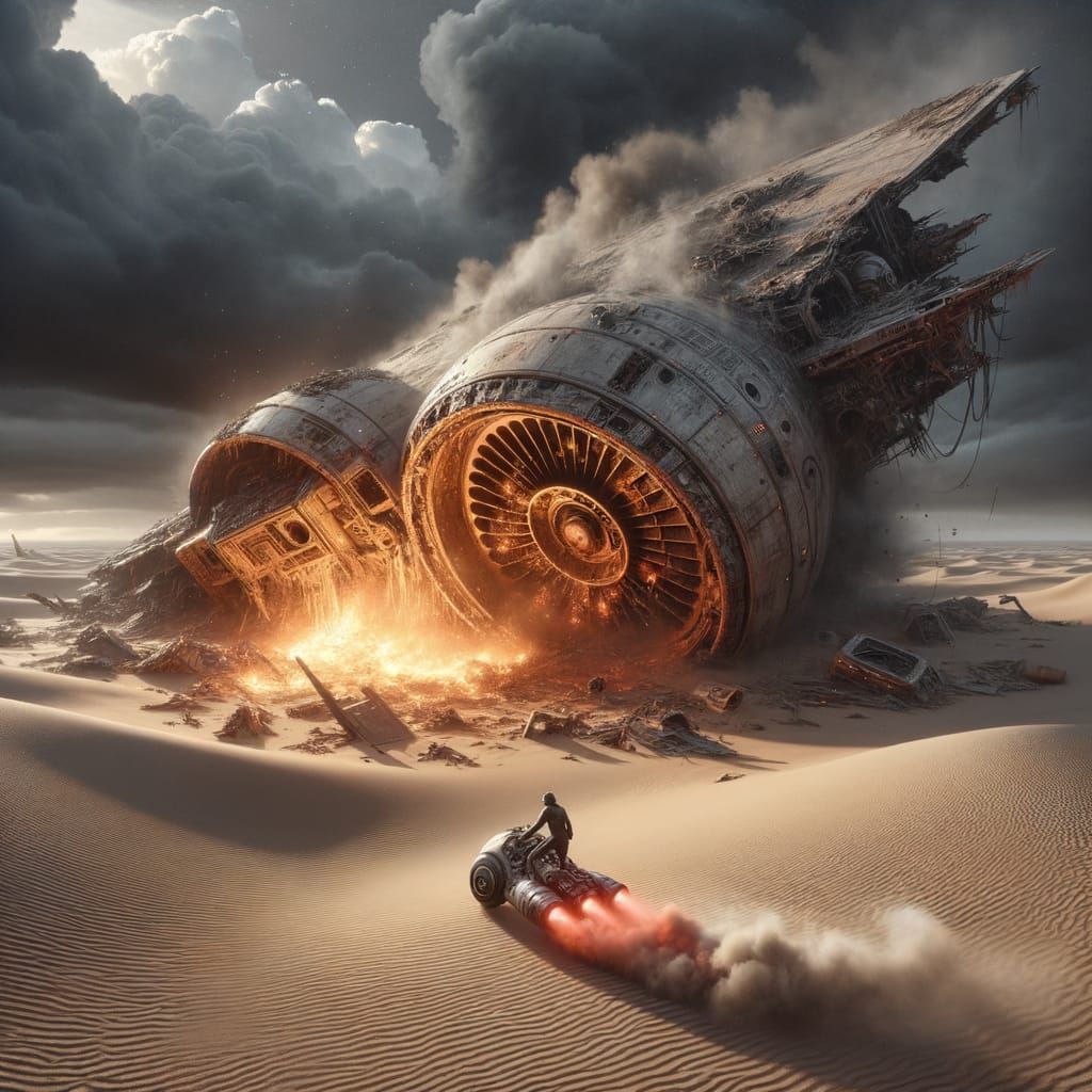 Desert Starship Wreckage with Approaching Biker