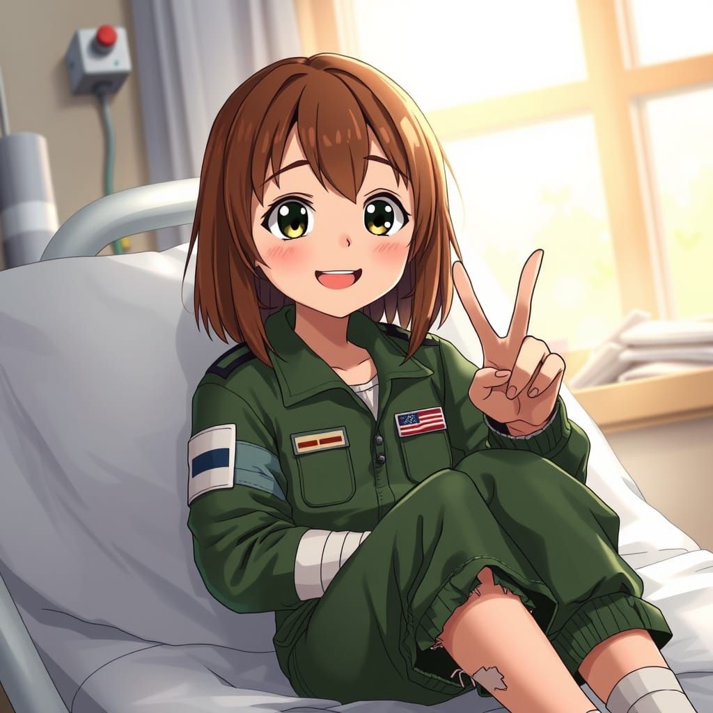 Cute Anime Girl in Green Flight Suit Smiles in Hospital
