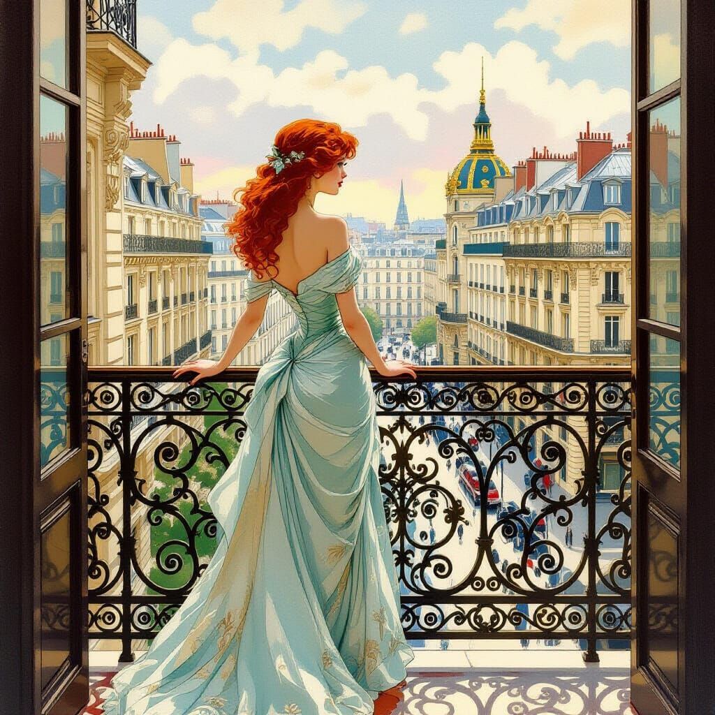 Woman on Balcony in Paris, Art Nouveau Style
