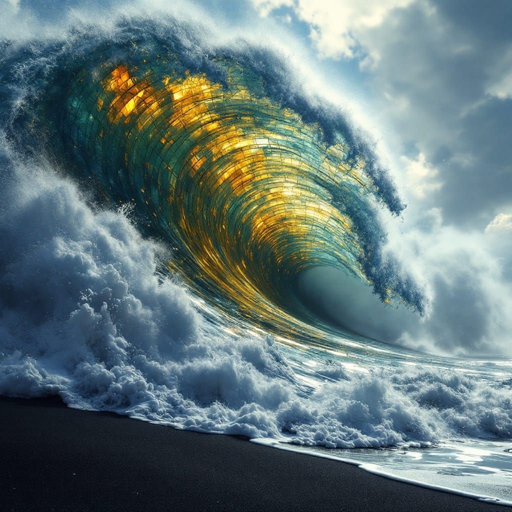 Surreal Stained-Glass Wave Shatters Above a Deserted Black S...