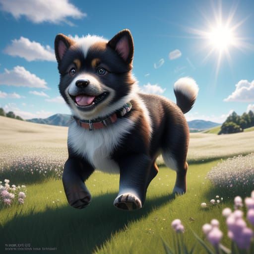 Vibrant Chibi Puppy Runs in Whimsical Candy Land Meadow