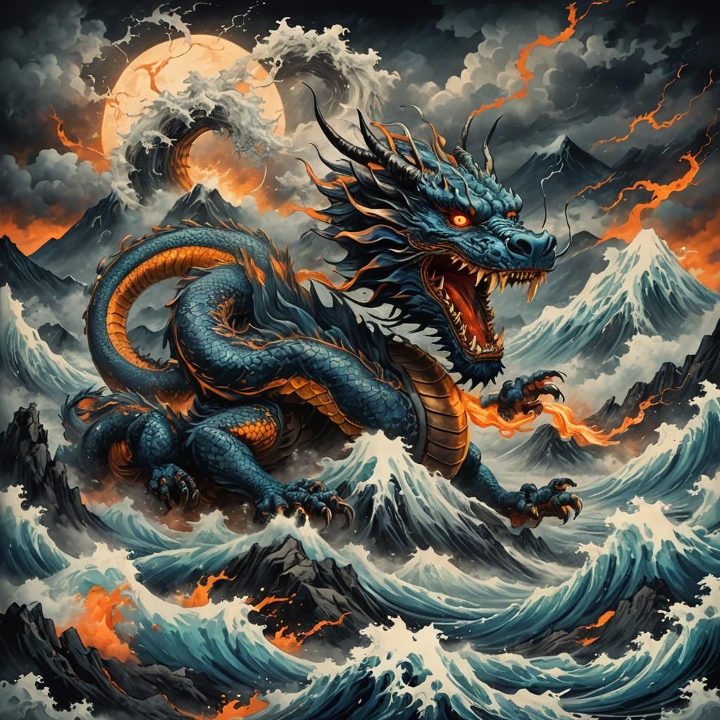 Japanese Dragon in Stormy Mountains