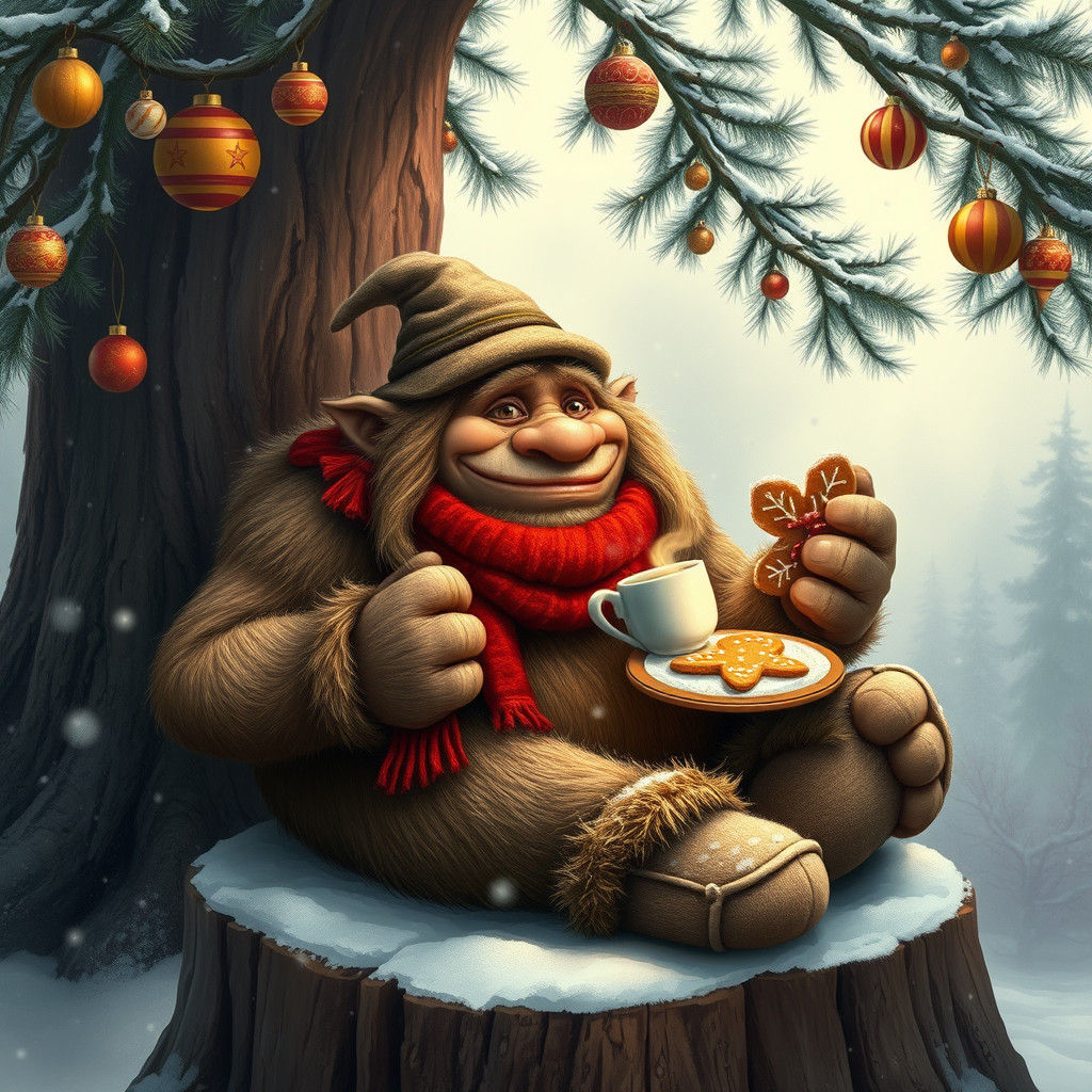 Kind Troll Enjoys Winter Treat in Snowy Forest