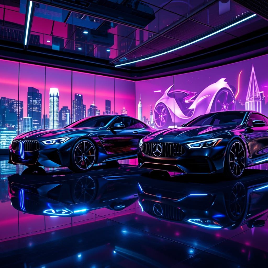 Futuristic Concept Cars Shine in Neon-Lit Showroom