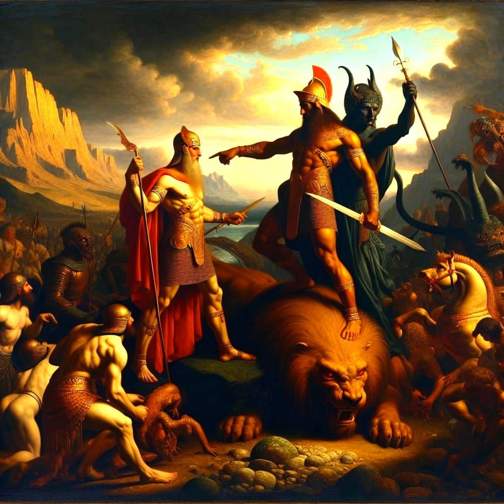 Gilgamesh and Enkidu Triumph in Oil Painting