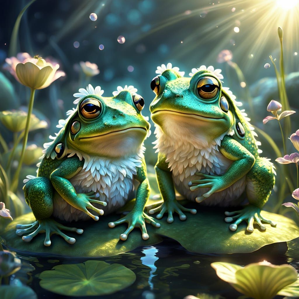 Surreal Fluffy Frogs in Love, Whimsical Dreamscape