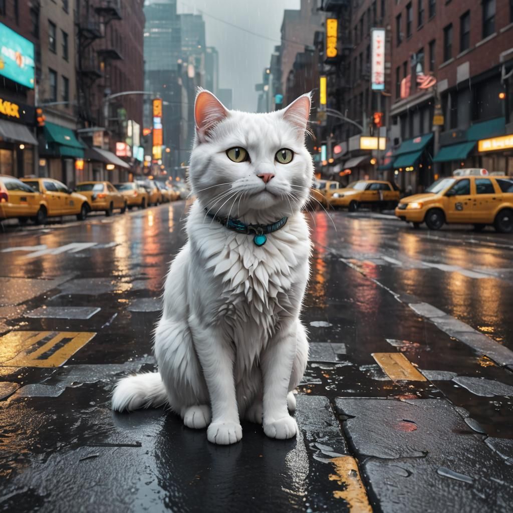 White Cat in Rainy New York City: Pixar-Style 3D Art