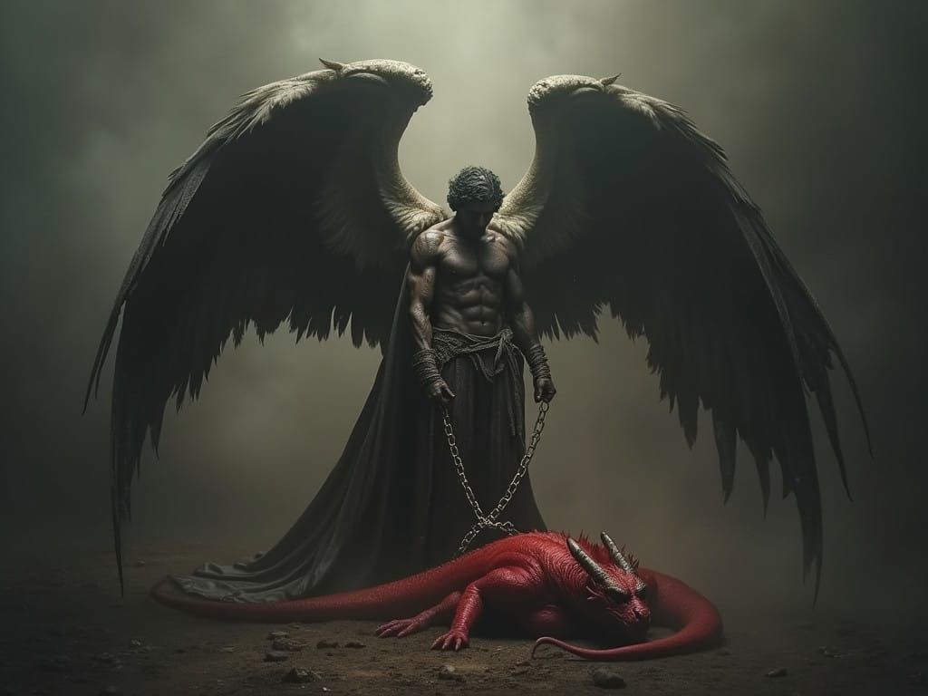 Rembrandt-Inspired Angel Subdues a Red Dragon in Dark Fog