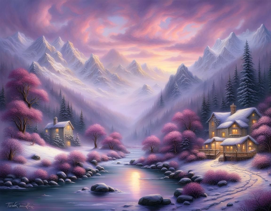 Snowy River Through Mountains in Ethereal Fantasy Style