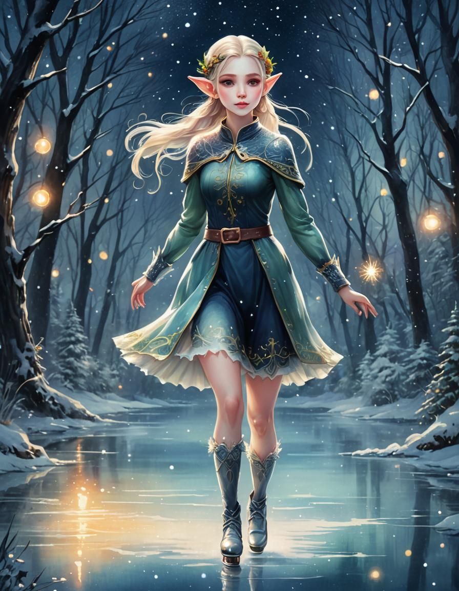 An ice skating elf in a magical forest