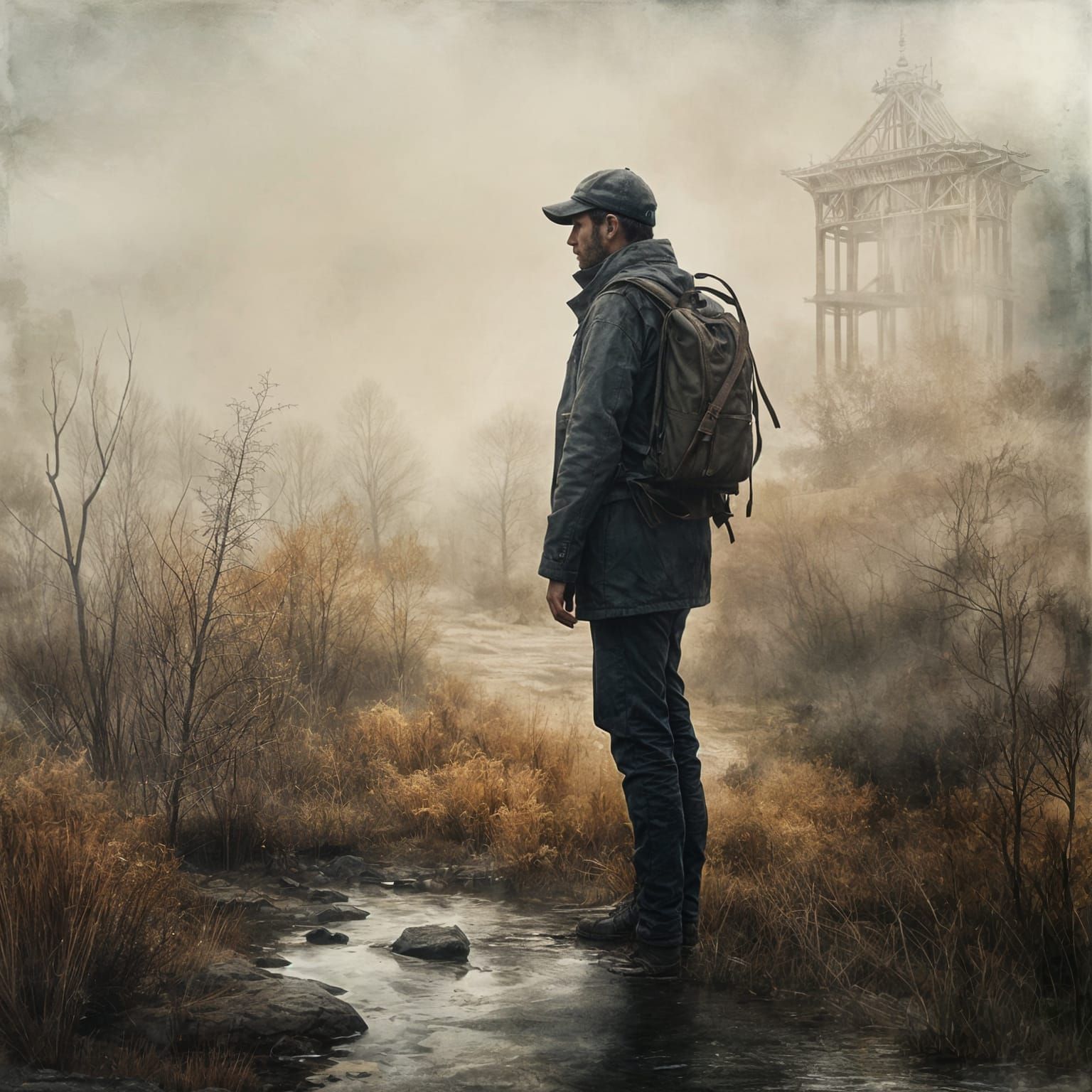 Solitary Figure in Vast Foggy Landscape Double Exposure