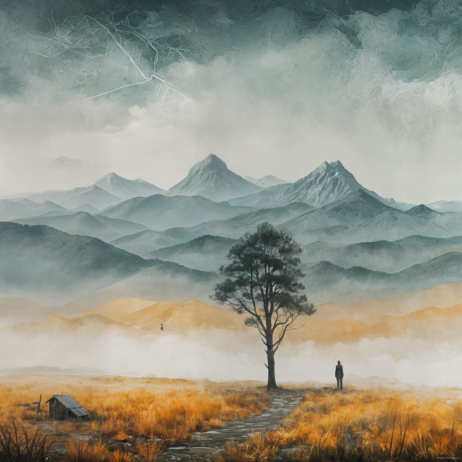 Solitary Figure in Vast Foggy Landscape