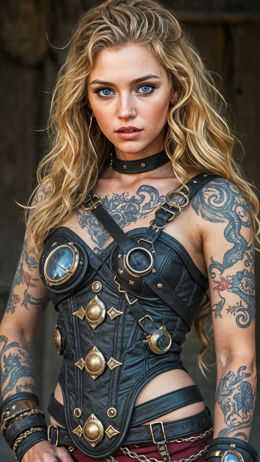 Viking Woman with Tattoos, Blond Hair, Blue Eyes