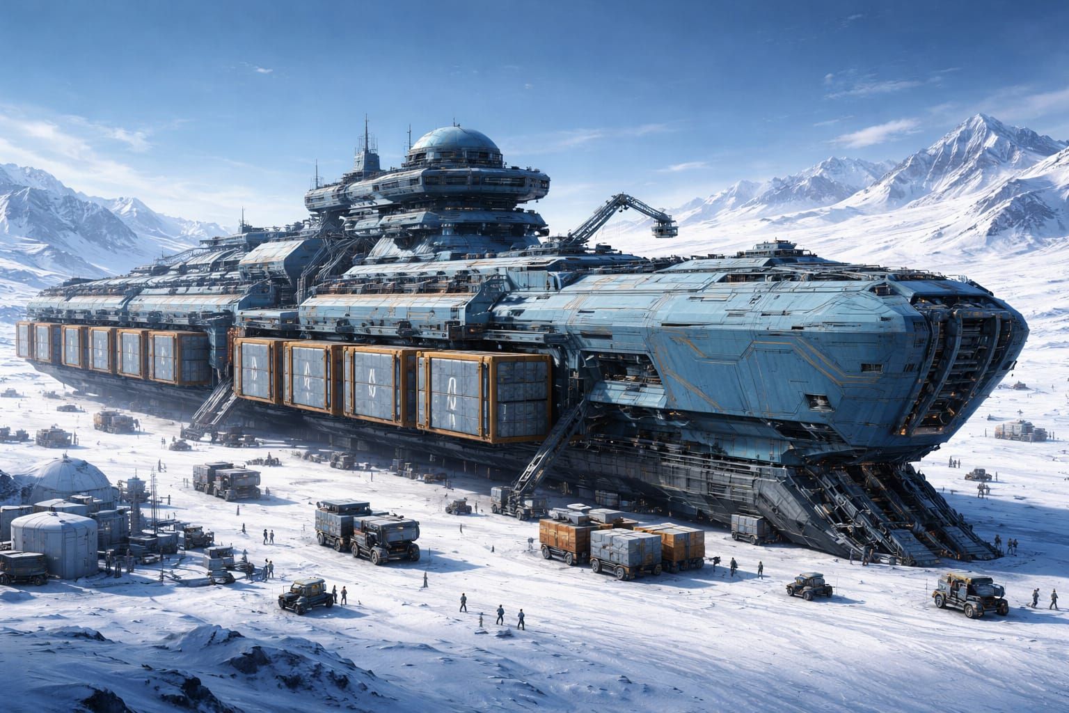 Gigantic Futuristic Cargo Spaceship on Frozen Planet