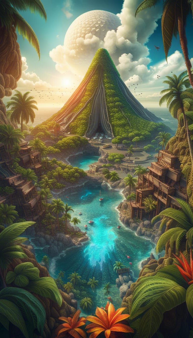 Tropical Paradise Inside Volcano: Photorealistic Double Expo...