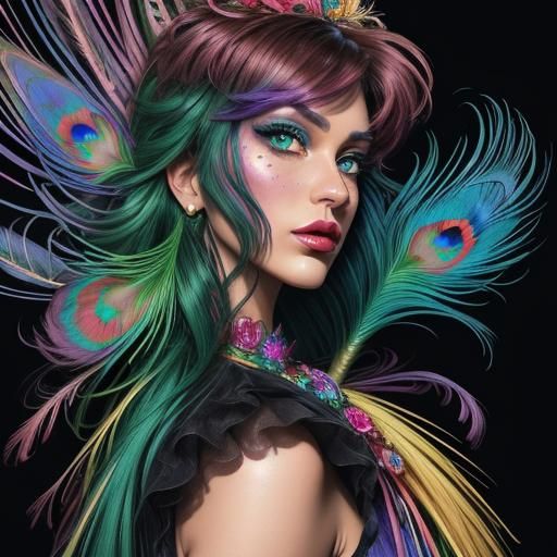 Peacock Woman Portrait in Comic Book Style