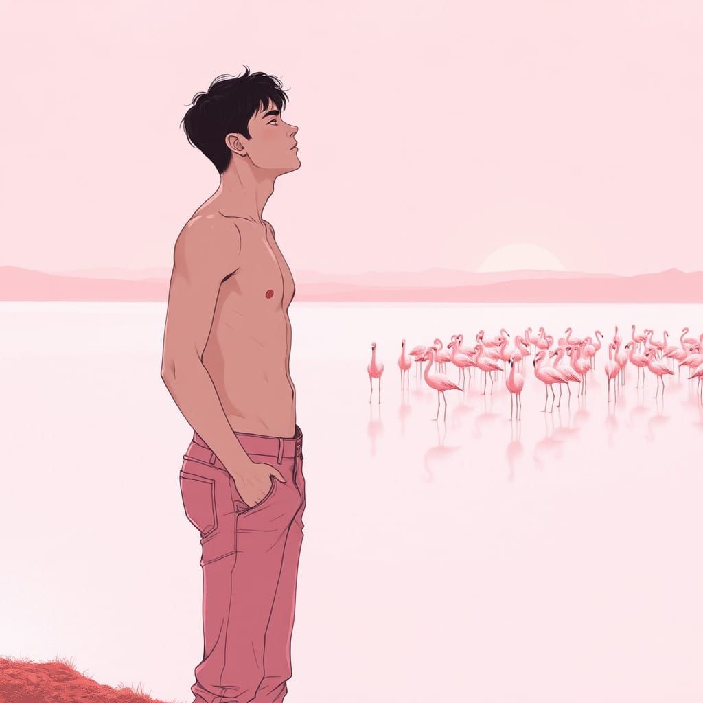 Bare-Chested Youth Amidst Pink Flamingos in Serene Landscape