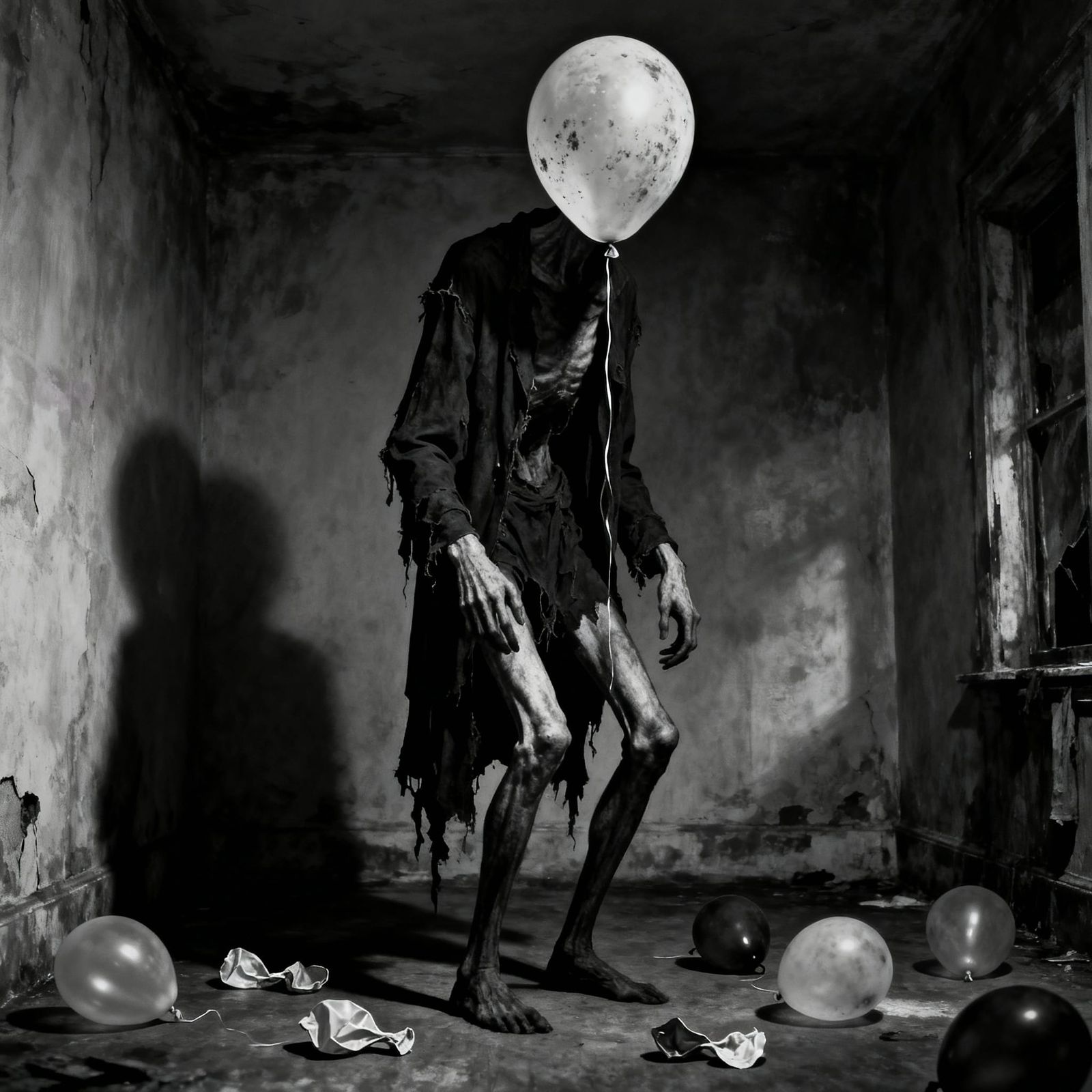 Emaciated Figure with Deflated Balloon in Dilapidated Room