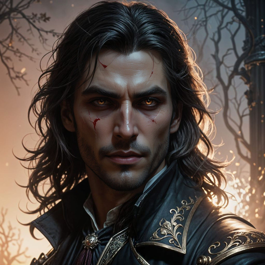 High Fantasy Vampire Noble in Foggy Scenic Background