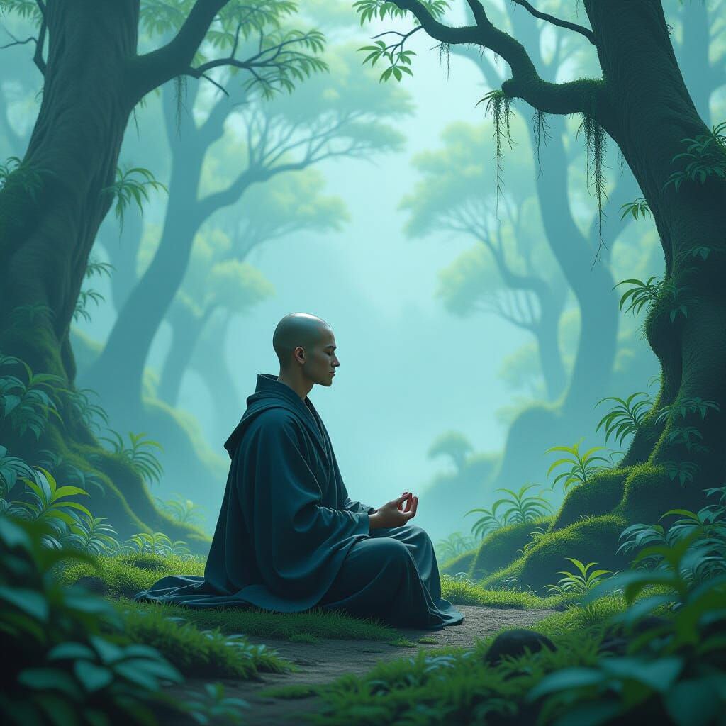 Monk Meditating in Misty Forest, Ethereal Fantasy Art