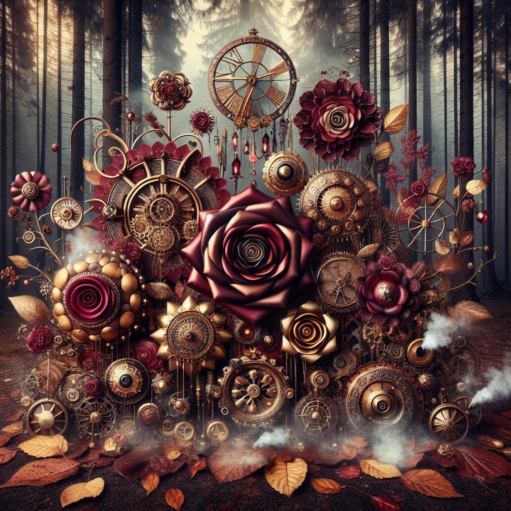 Steampunk Rose Garden in Vibrant Burgundy and Gold