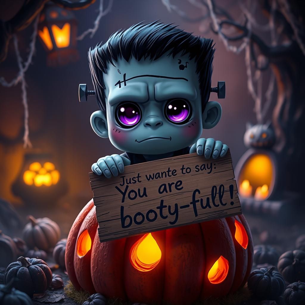 Chibi Frankenstein on Pumpkin in Whimsical Style