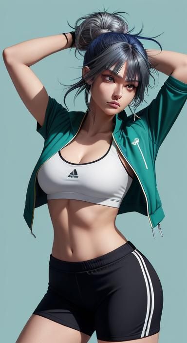 Anime Girl with Multicolored Hair in Sporty Outfit