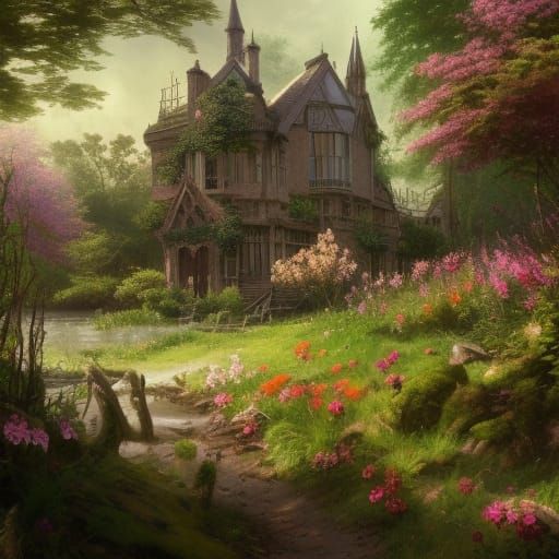 Victorian Cottage by River, Gothic Fantasy Art