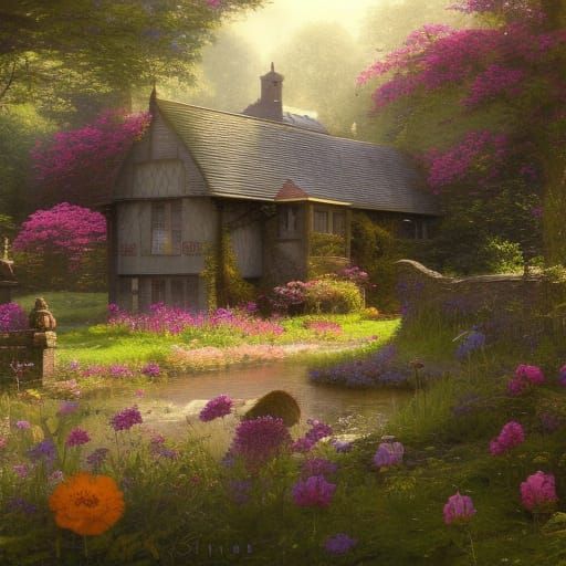 Victorian Cottage in Sunlight: Dark Fantasy Art