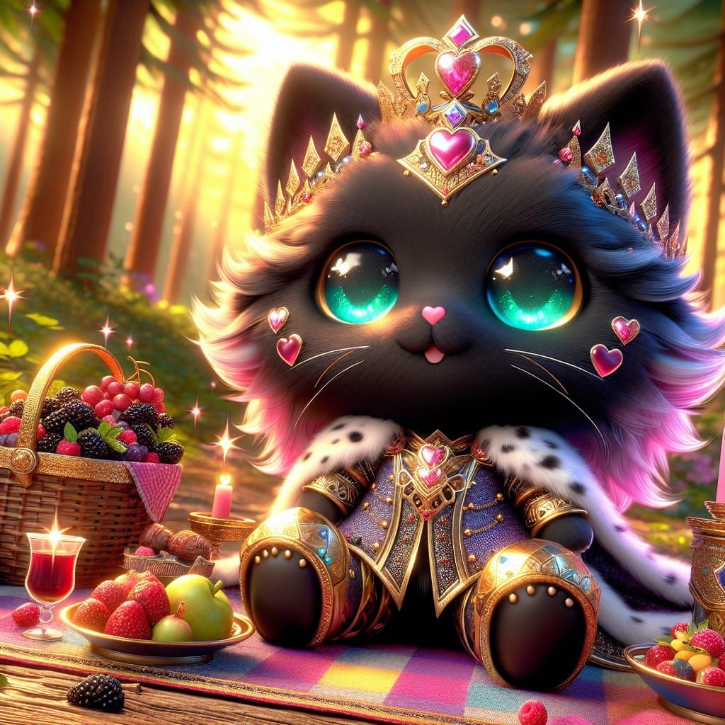 Chibi Black Cat in Armor Having Picnic, 3D Art