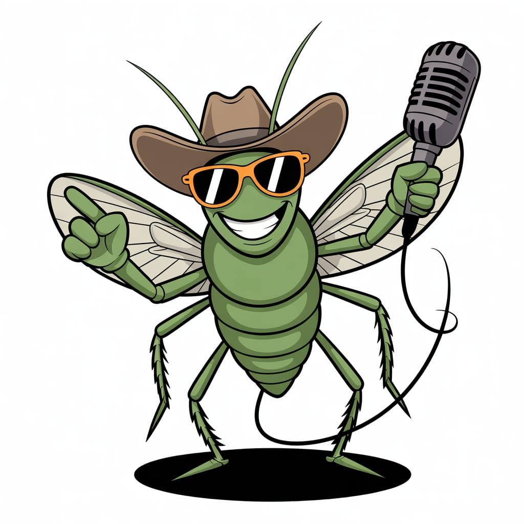 Energetic Cowboy Cricket Character in Bold Cartoon Style
