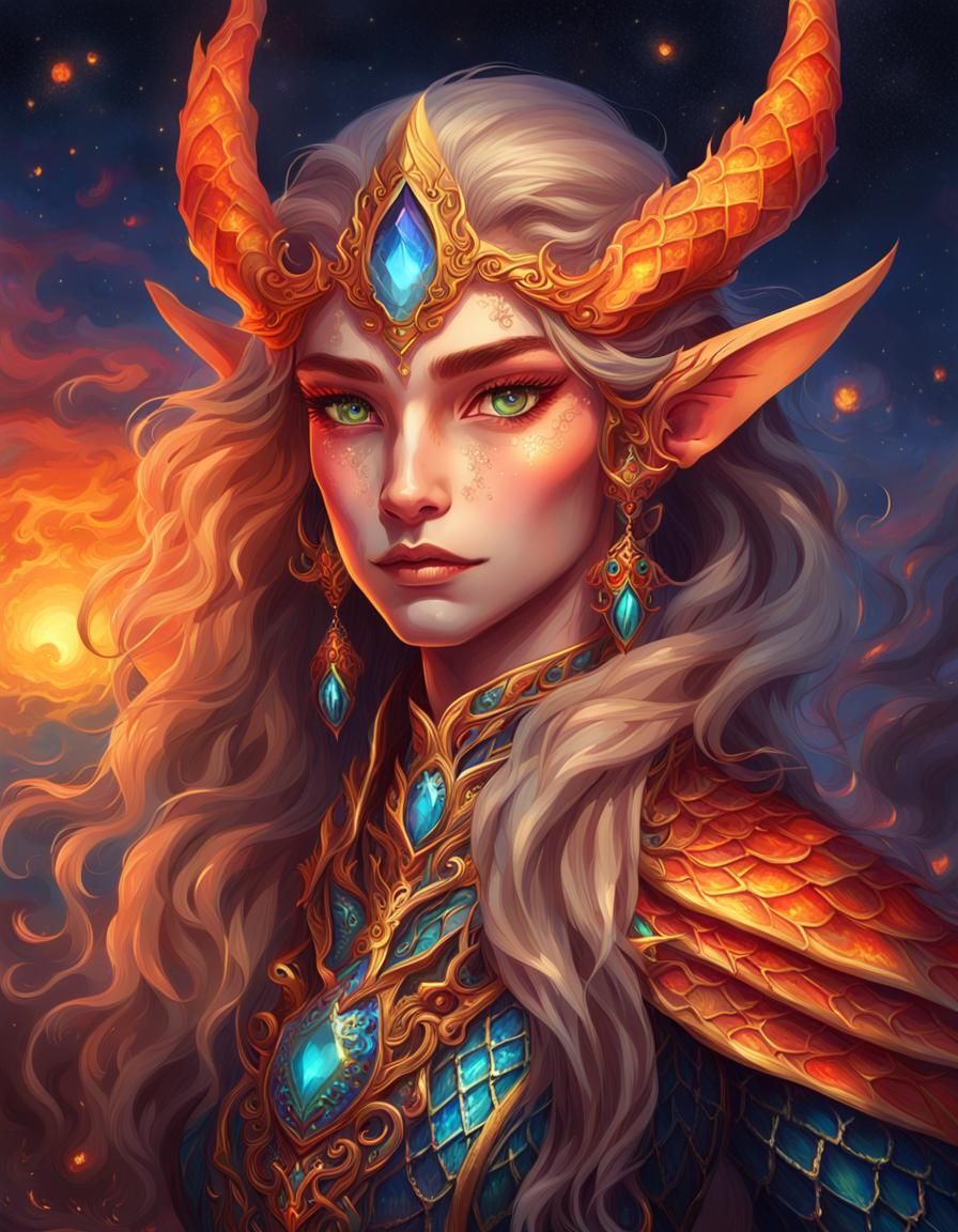 Dragon Fire Elf Portrait with Iridescent Scales