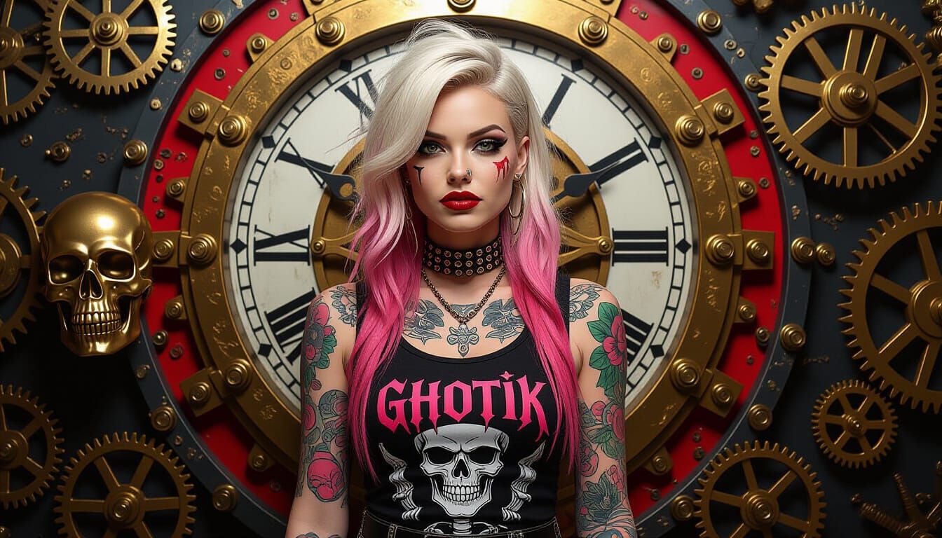 Punk Rock Girl with Metallic Clockwork Backdrop