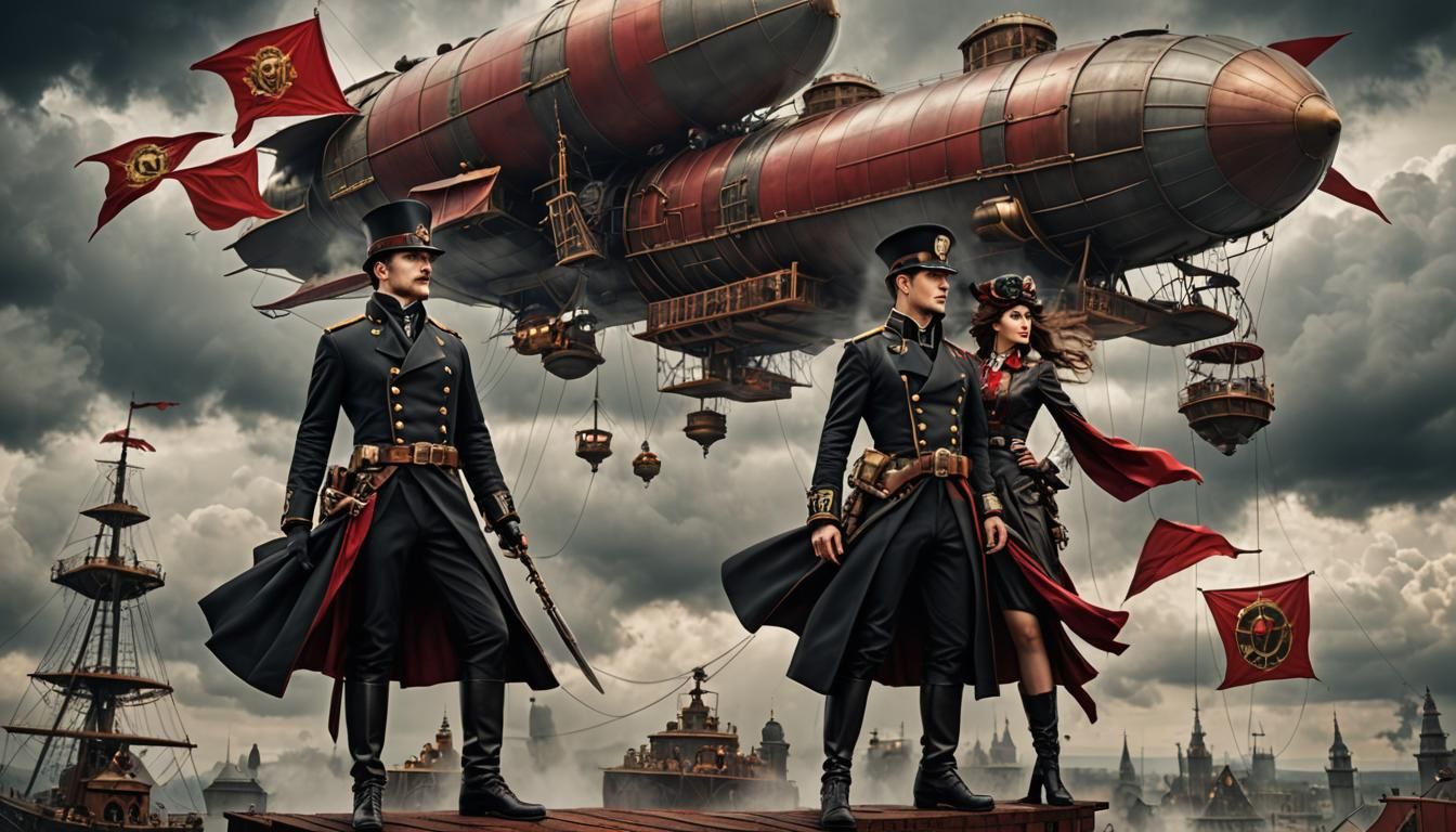 Tzar Kristovan's Military Command Reviews The Mighty Airships Of The Tzardom's Sky-Fleet : Steampunk