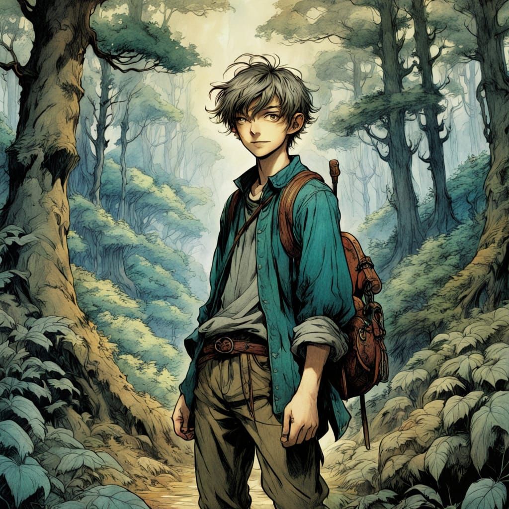 Cheerful Boy Explores Detailed Forest in Anime Style