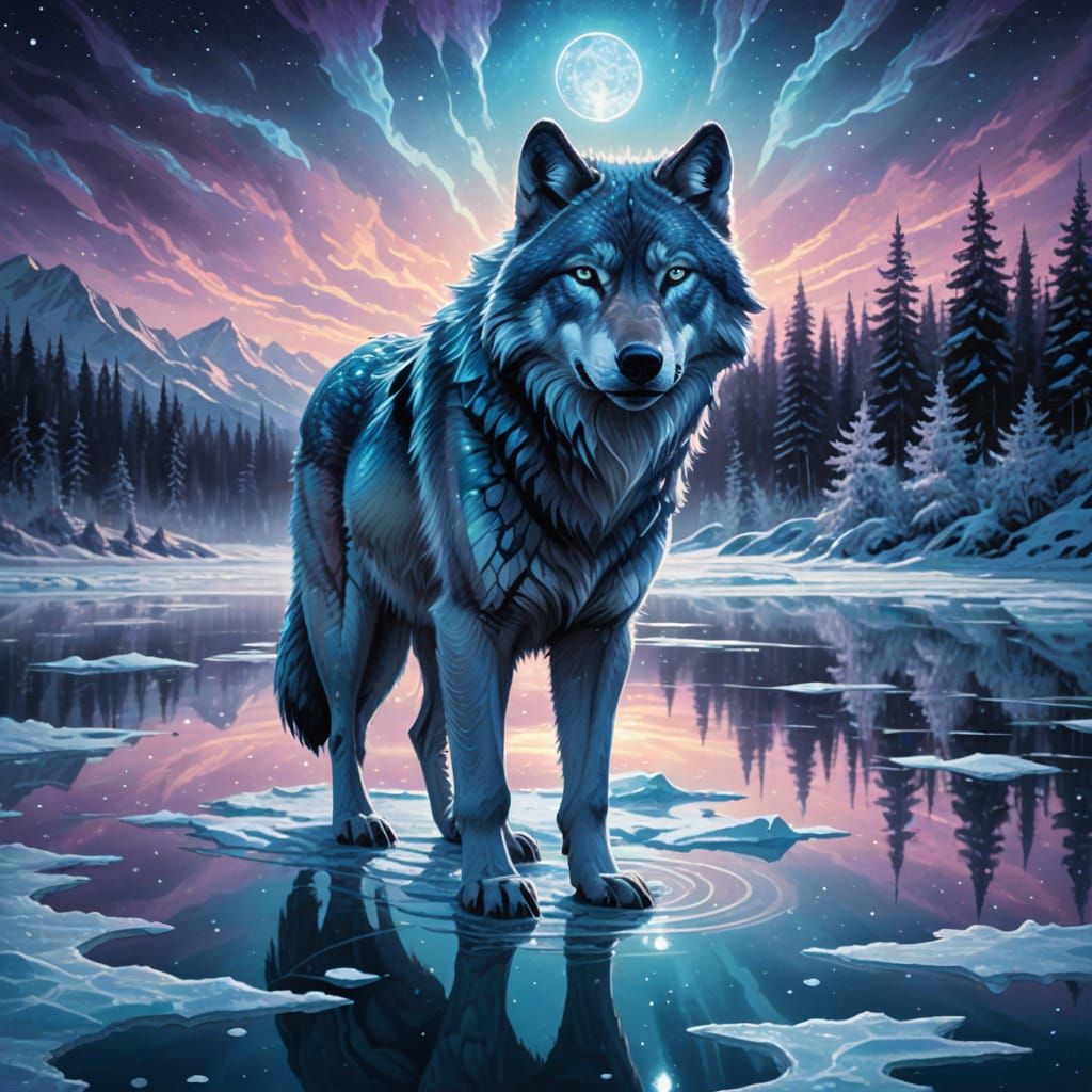 Ethereal Ice Wolf on Frozen Lake, Digital Painting