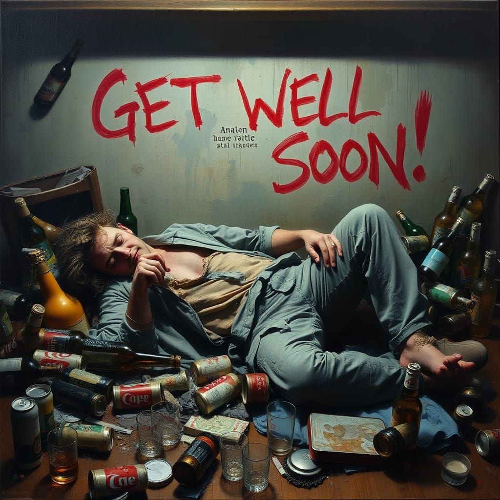 Man Lies Under Table After Party: Oil on Canvas