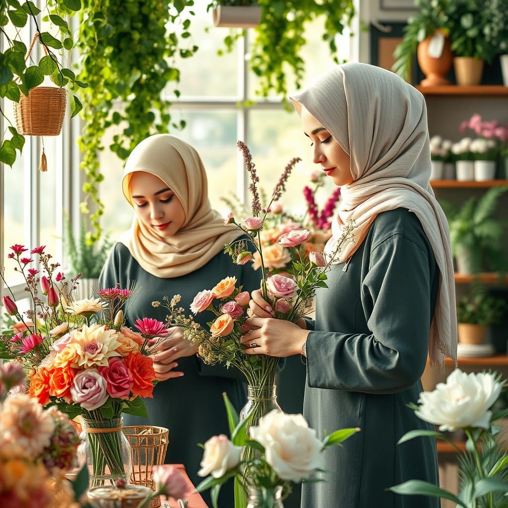 Two serene florist hijab ladies at a florist shop.
