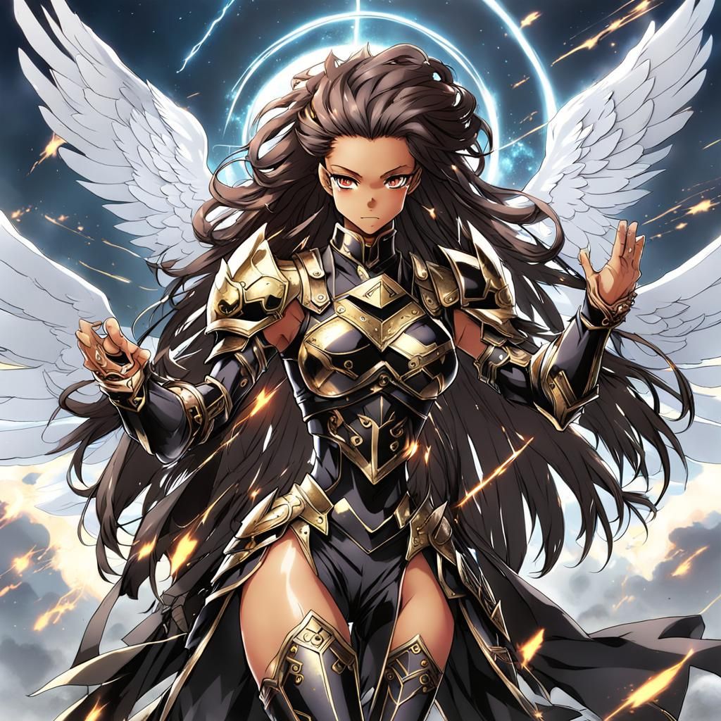 Anime Style Black Female Angel in Battle Armor
