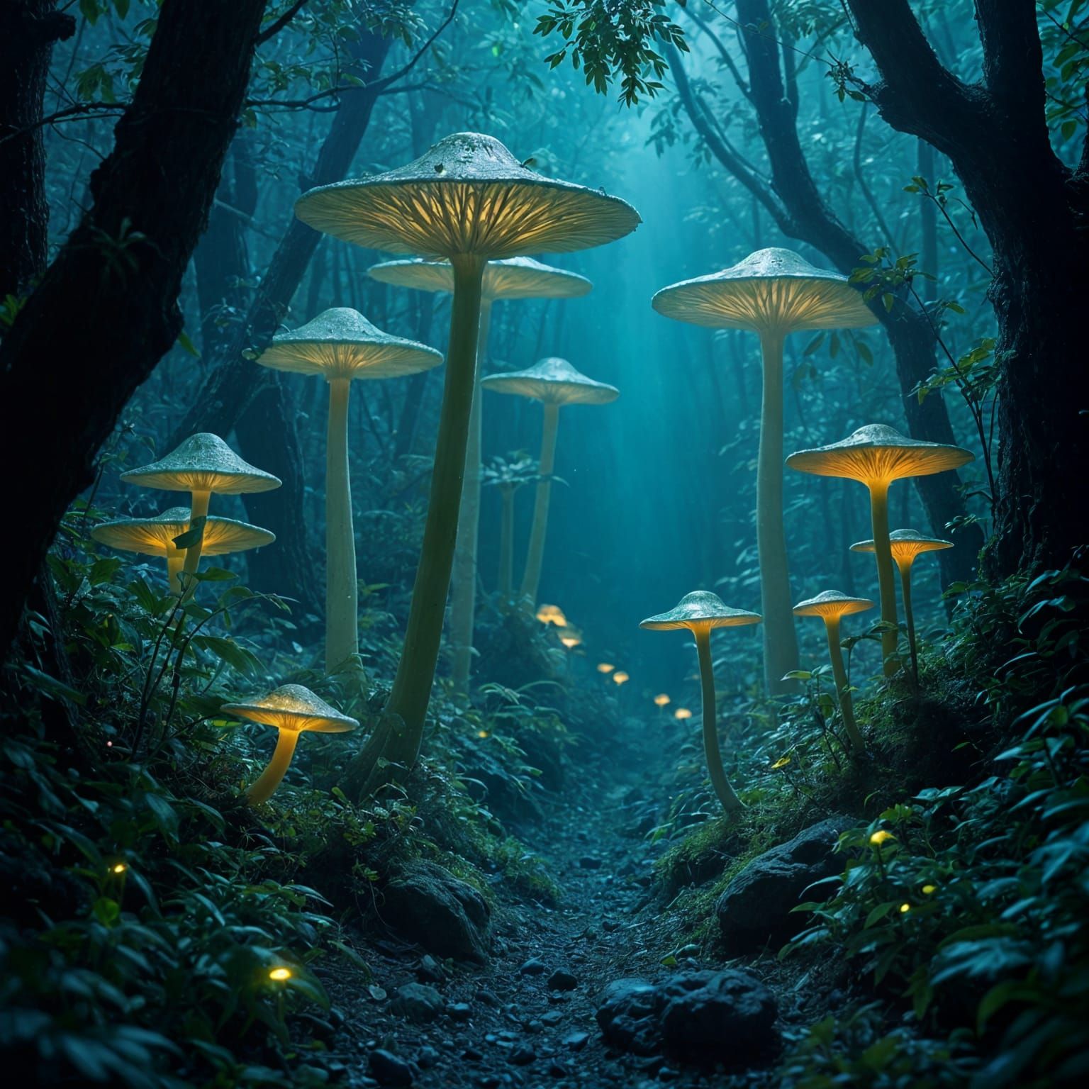Surreal Bioluminescent Jungle Illuminated by Towering Fungi