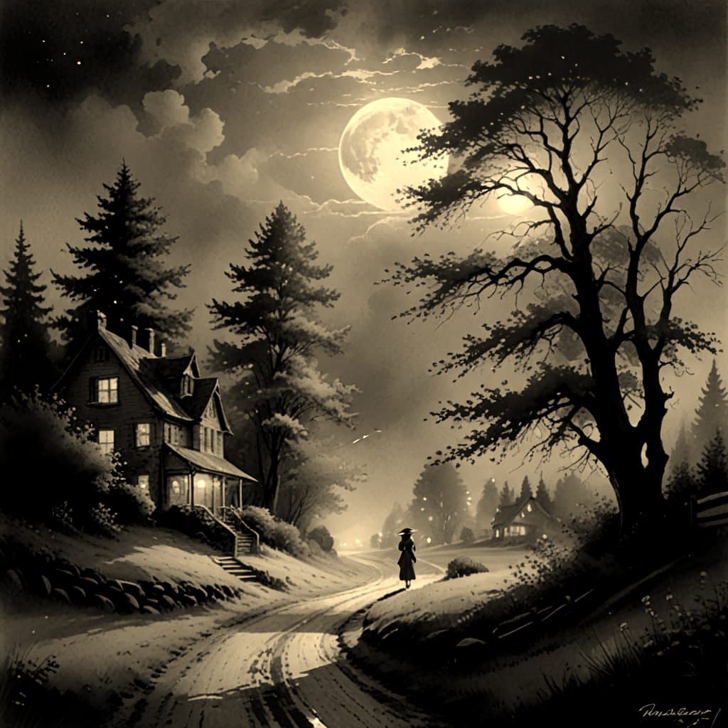 Woman Walks Under Full Moon in Watercolor Style