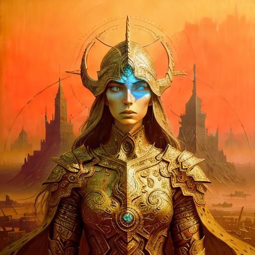 Ethereal Warrior in Cyberpunk Style with Mystical Armor