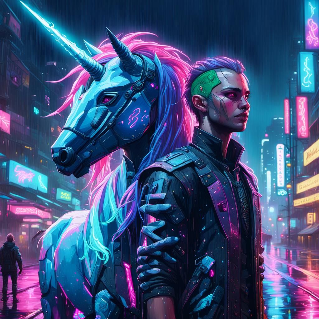 Unicorn and Elf in Cyberpunk 2099 Cityscape