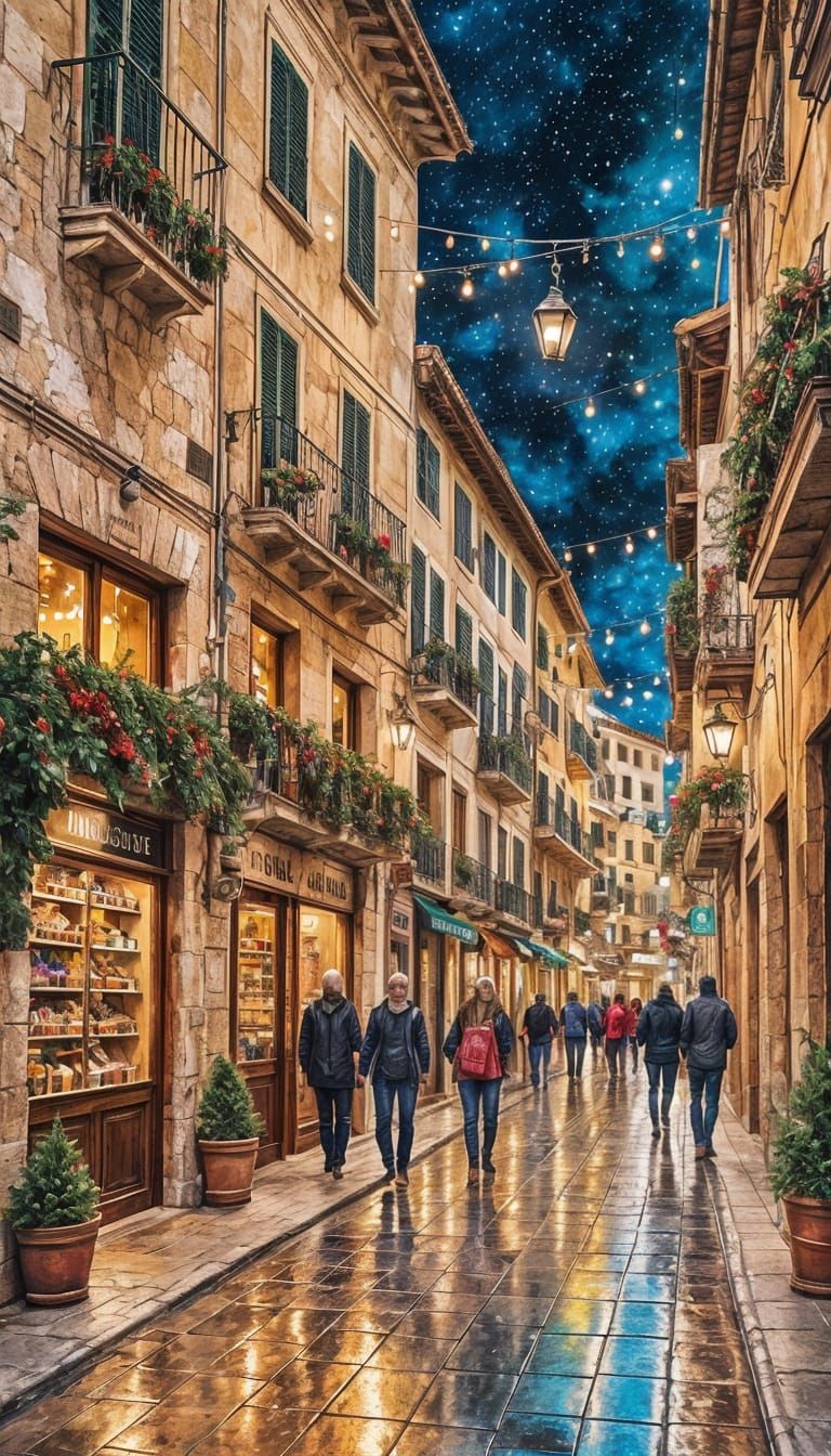 Vibrant Christmas Scene in Spanish City Streets
