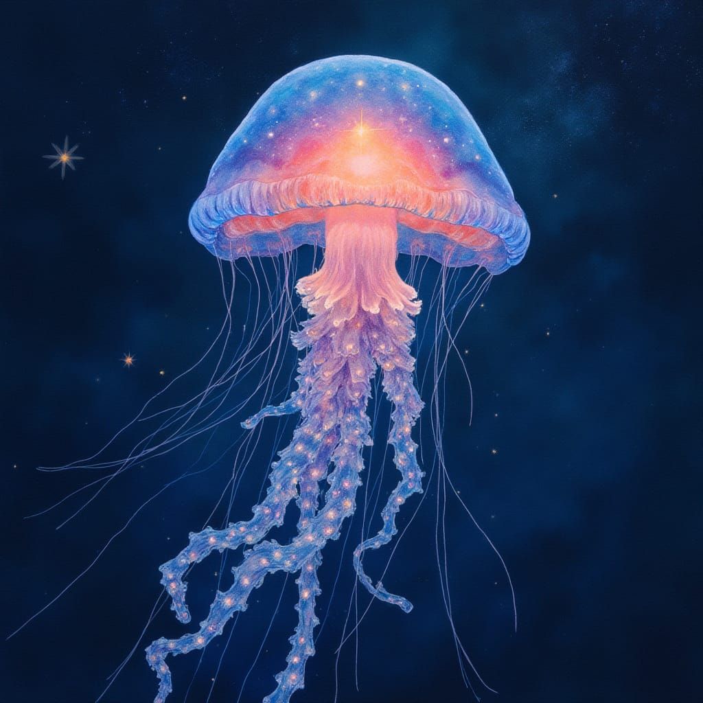 Bioluminescent Jellyfish in Starry Ocean, Visionary Art