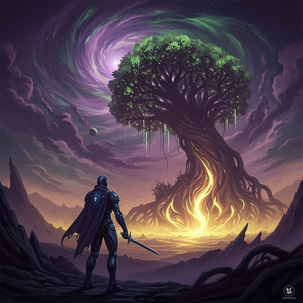 Cybernetic Knight on Alien Planet with Bioluminescent Tree