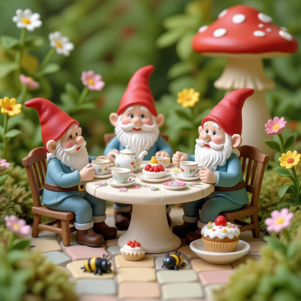 Pastel Clay Gnomes Tea Party in Garden